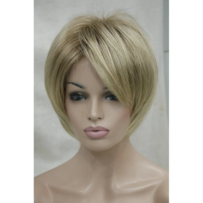 

New charming blonde mix with brown root women' short straight wig