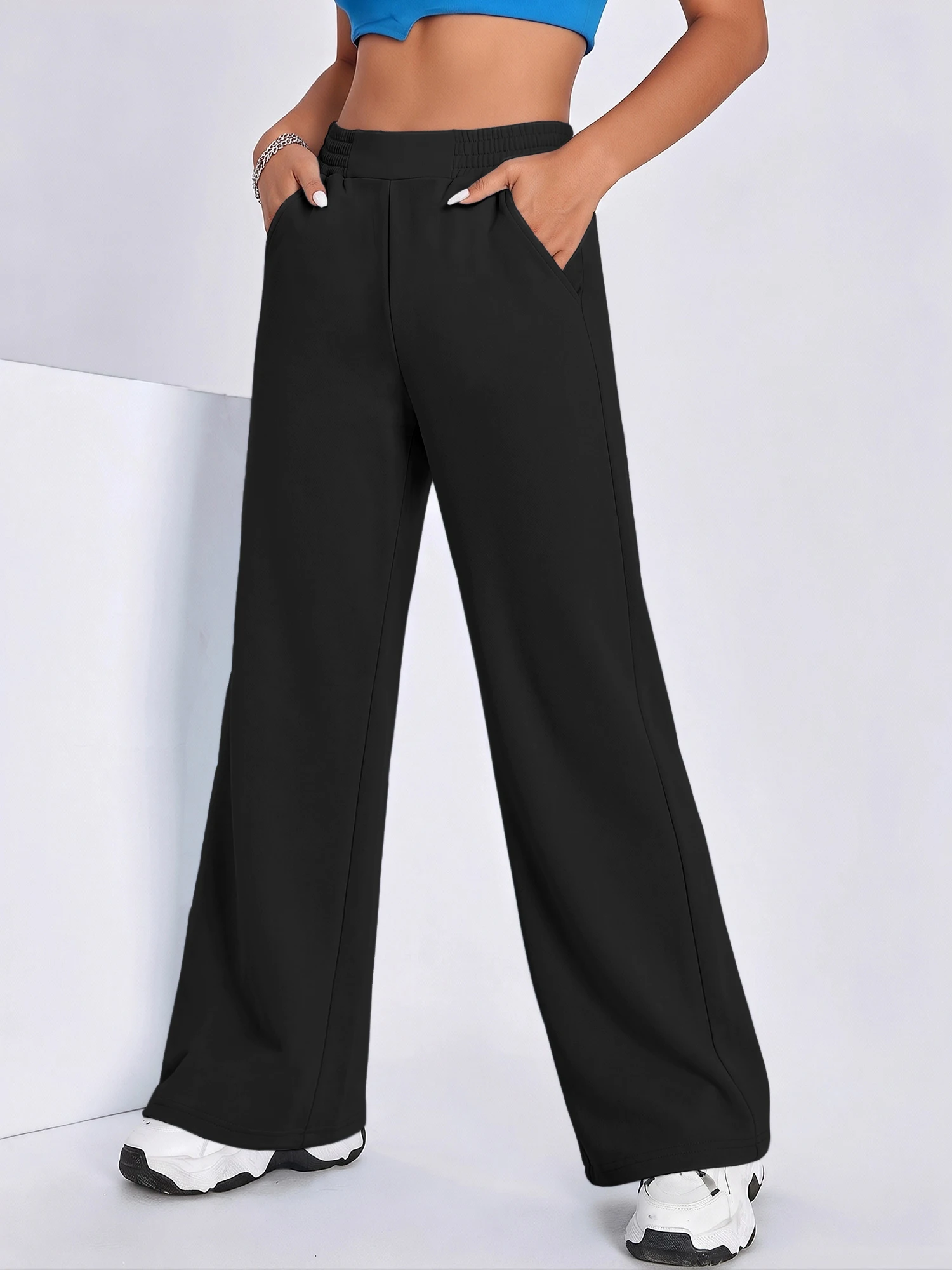 Women Solid Color Loose Wide Leg Pants Elastic Waistband Sweat Trousers Street Style Joggers For Casual Look