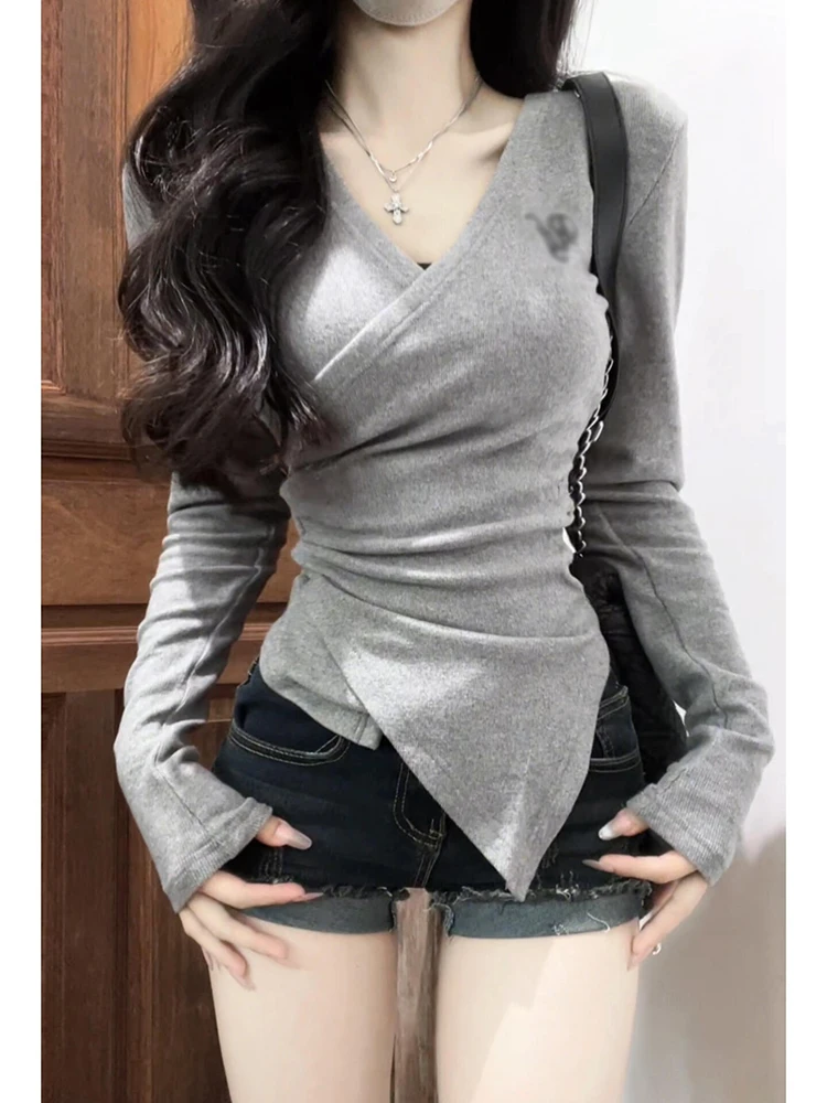Sexy Grey Asymmetric Long Sleeve V-Neck T-Shirt Women's Slim Fit Base Shirt Autumn Season Unique Design Casual Style Top