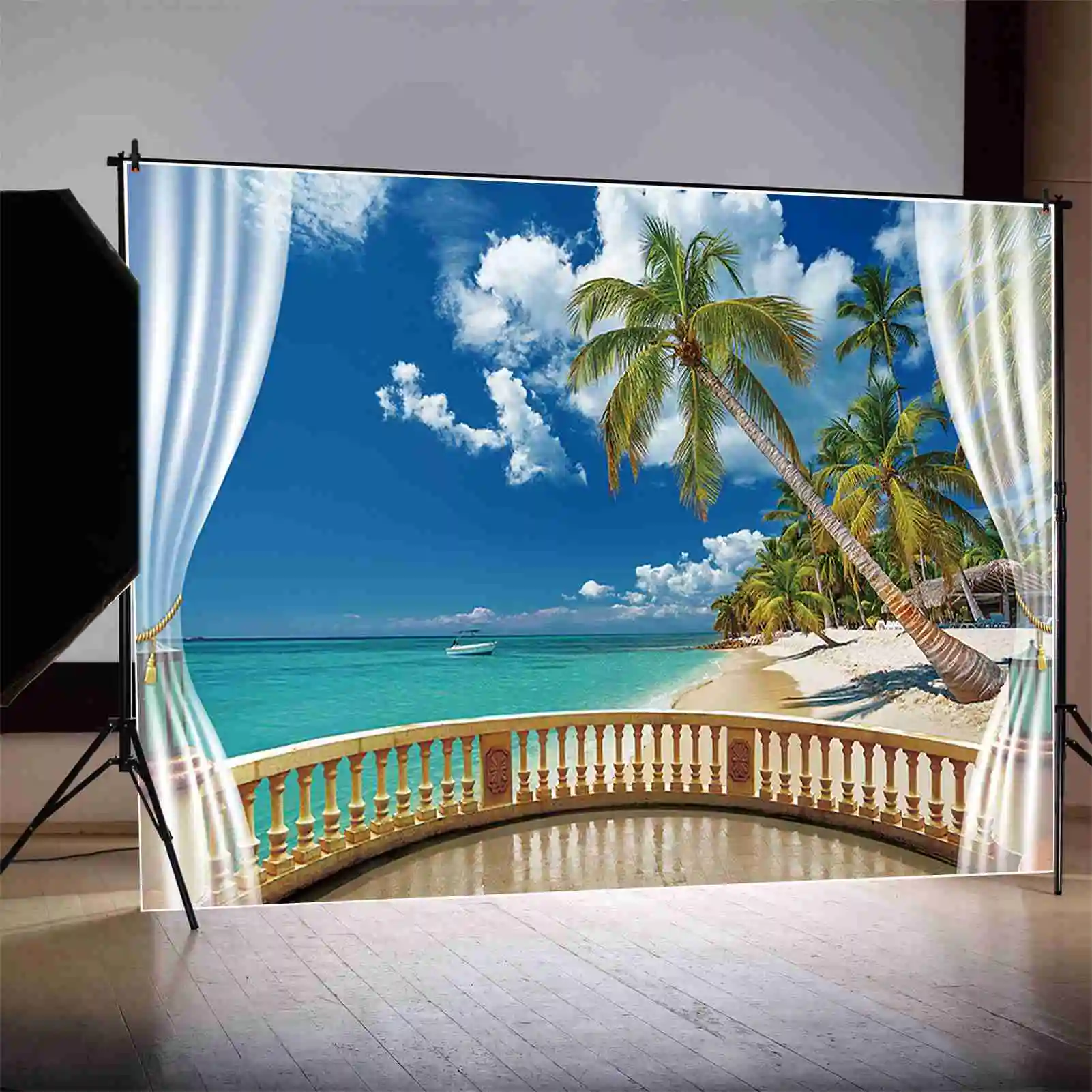 Moon.qg ต้นปาล์มเขตร้อนใบผู้ใหญ่พื้นหลังวันเกิดของผู้ชายเรือคลื่นฉากหลังของภาพสำหรับปาร์ตี้ที่กำหนดเอง