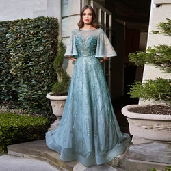 CustomizedElegant Blue Prom Dress O-Neck Crytasl Sequins Tulle And Belt A-Line Floor Length Party Gown Lace Up Custom Formal Eve