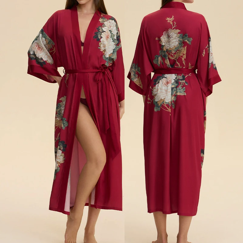 

New Female Long Robe Home Dress Flower Print Wedding Bathrobe Kimono Gown Gift Elegant Satin Sleepwear Nightgown Loose Pajamas