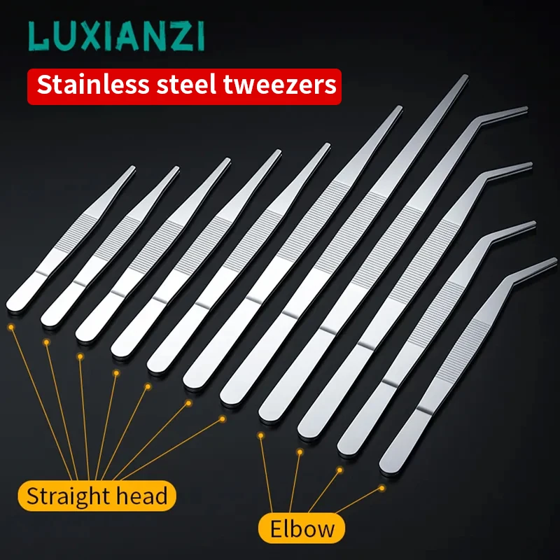 LUXIANZI 304 Stainless Steel Anti-iodine Medical Tweezers Long Straight Forceps 12.5-30cm Straight Head Elbow Thicken Tweezer