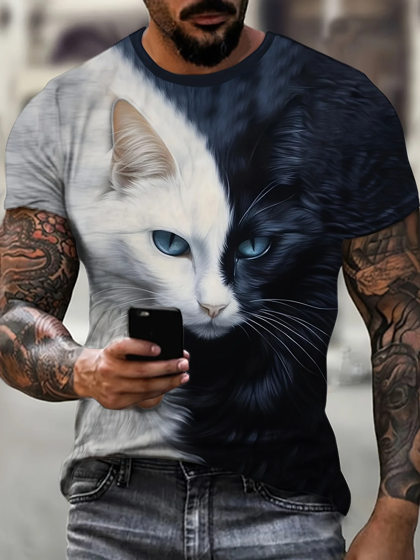 Funny Cartoon Cat Pattern T Shirt For Men Animal Graffiti 3D Printed T-Shirts Summer Casual Short Sleeve Tees Round Neck Tops image 2