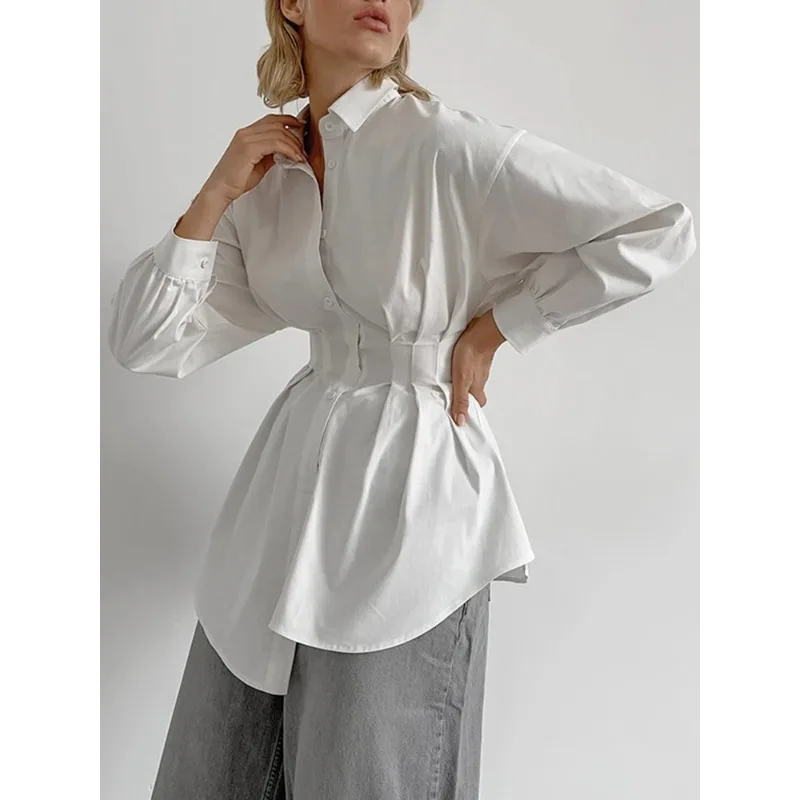 

Новая женская плиссированная блузка 2026 года: модная, приталенная, с отложным воротником, на пуговицах, с длинным рукавом, для весны и осени