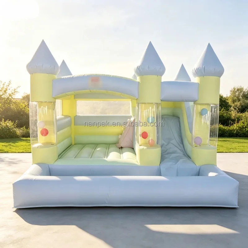Commercial Macaron Pastel Inflatable Bounce House With Balloon Pillar Kids Jumping Bouncy Castle for Party Rental