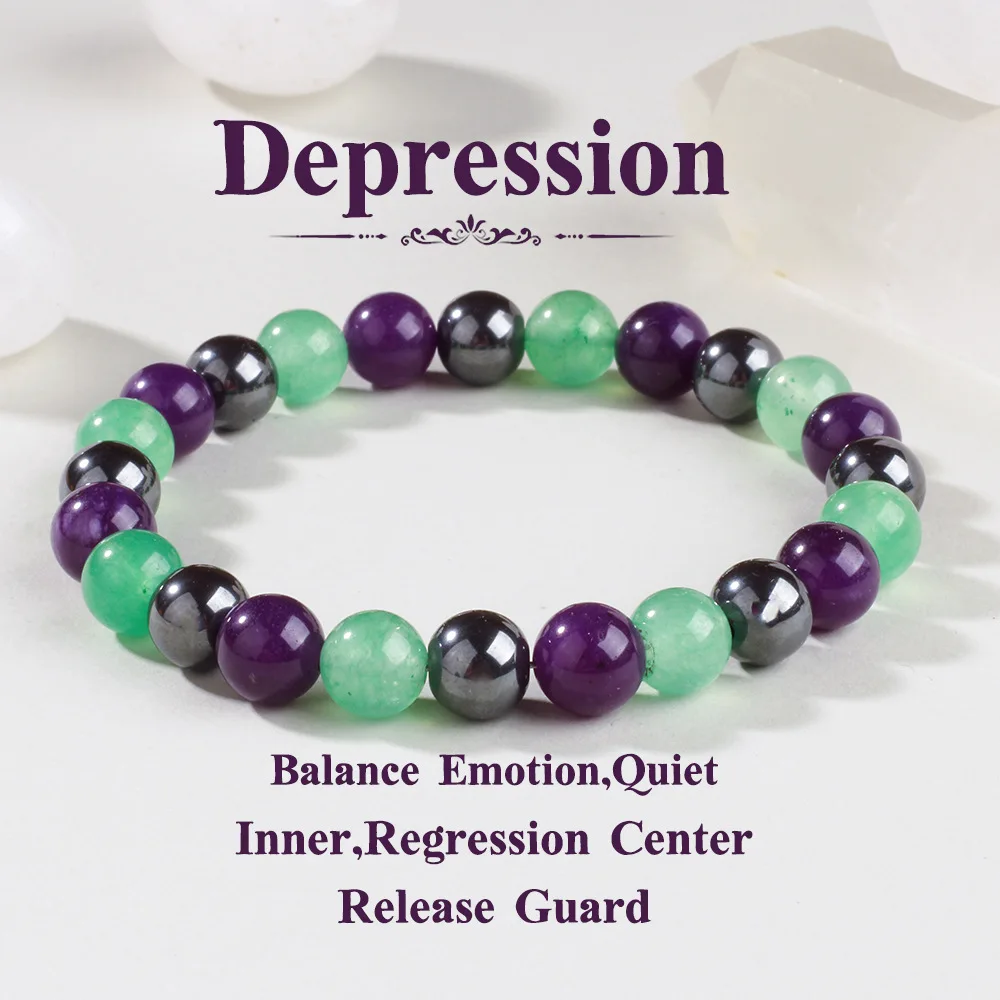 1pc Protection Stretch Beaded Bracelet, Hematite + Faux Amethyst & Green Agate, Balance Emotions & Calm Mind, for Daily Wear.