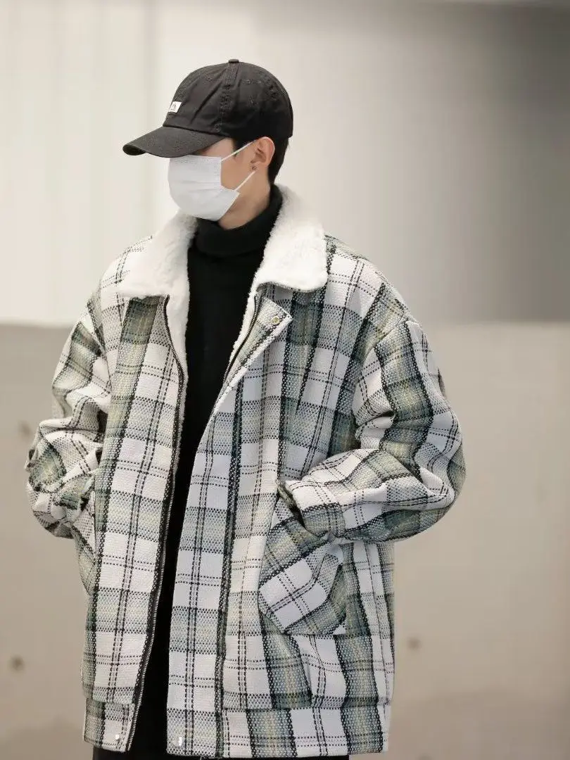 

Модное американское мужское шерстяное пальто в клетку, новая зимняя повседневная куртка из овечьей шерсти и хлопка, верхняя одежда для пар