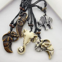 5 Pieces/Batch Mixed Retro Adjustable Bone Carving African Elephant Necklace Elephant Totem Jewelry Couple Necklace