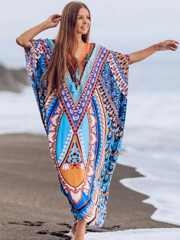 2023 Bohemian Printed Summer Holiday Dress Blue Tunic Women Beach Wear Kaftan V-Neck Bats Sleeve Maxi Dress Robe Q956