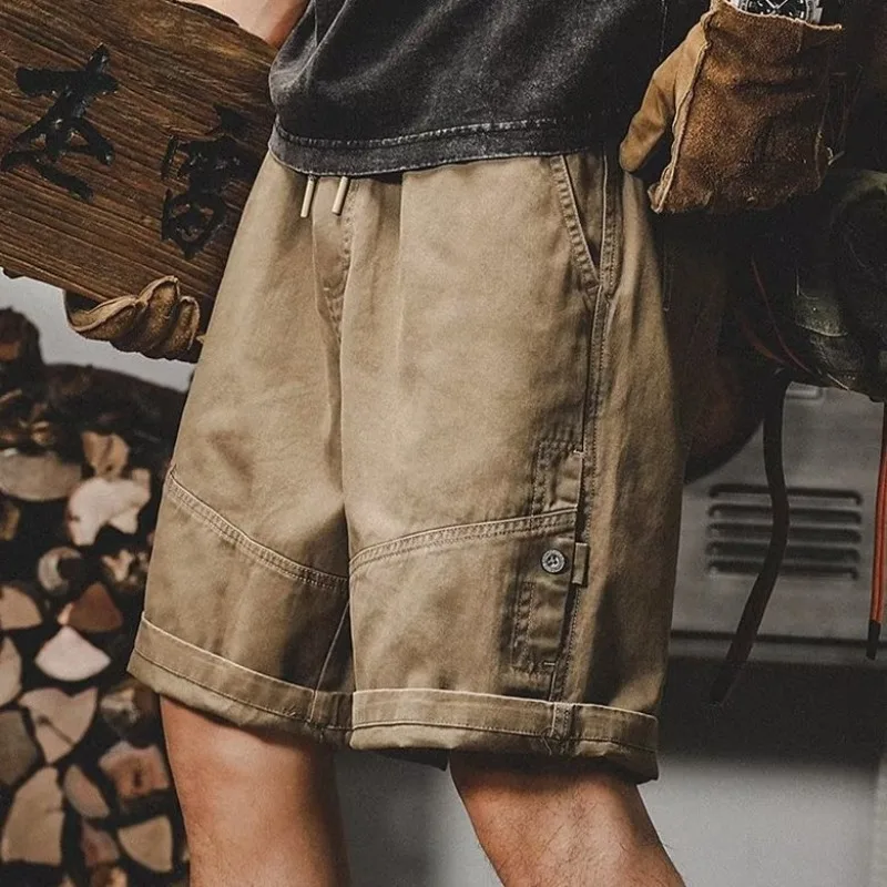 Short Pants for Men Vintage with Draw String Elastic Waist Mens Cargo Shorts Loose Khaki Baggy Wide Y2k 2024 Fashion Casual Man