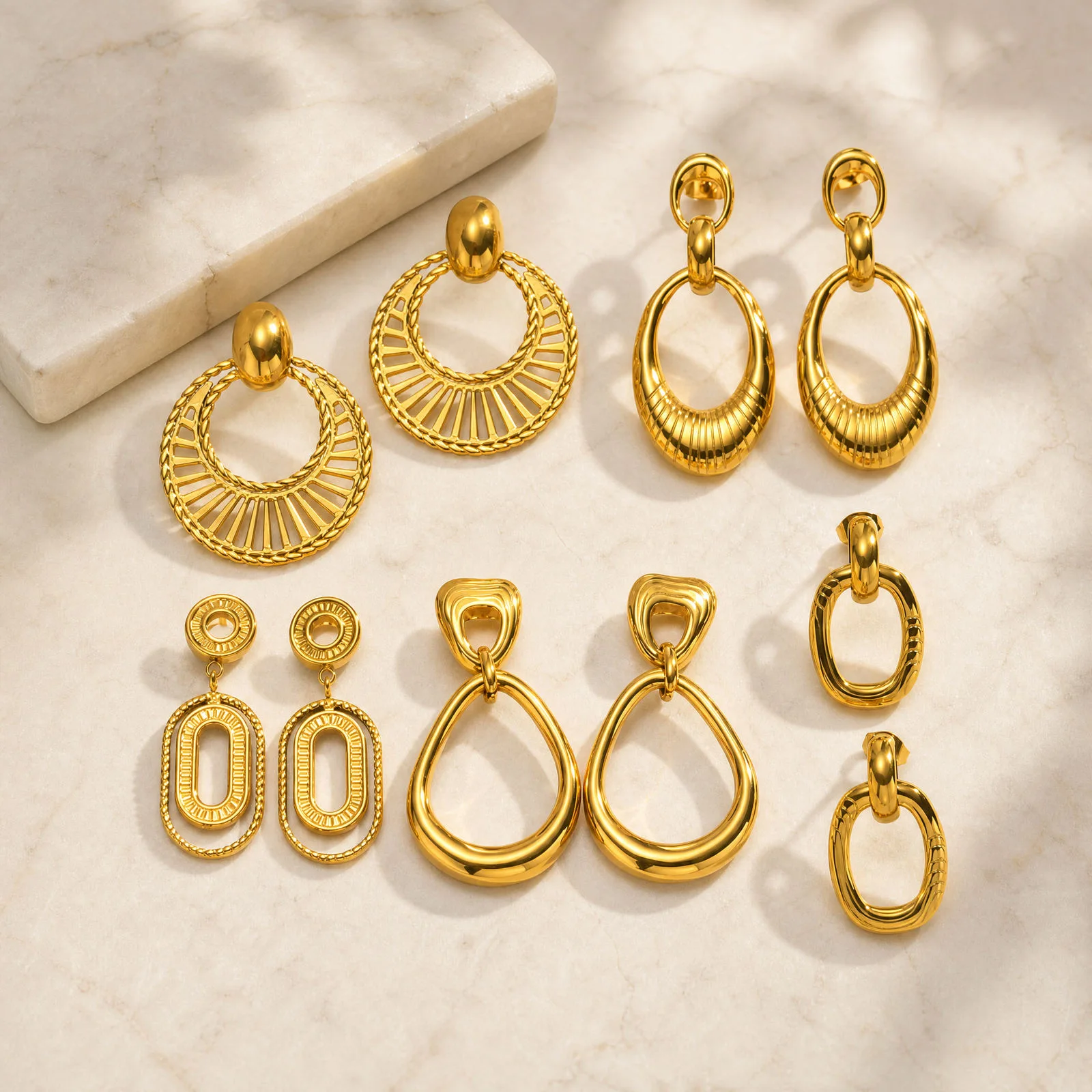 Geometric Dangle Earrings for Women, Chunky Vintage Statement 18K Gold Plated Stainless Steel Trendy Jewelry