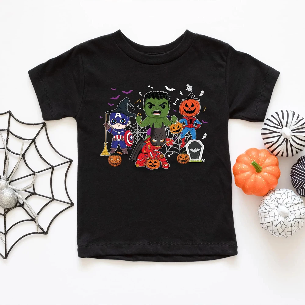 

Marvel Halloween Short Sleeve T Shirt Avengers Halloween T-Shirt Spooky Hulk Spiderman Scary Marvel Kids Halloween Loose Tee