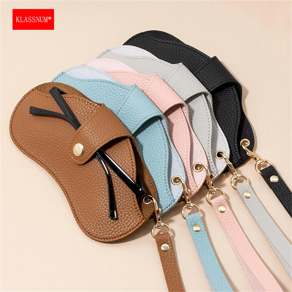 

KLASSNUM Portable Glasses Bag Women Sunglasses Travel Storage Bag PU Leather Hanging Neck Glasses Clip Protect Sleeve New In