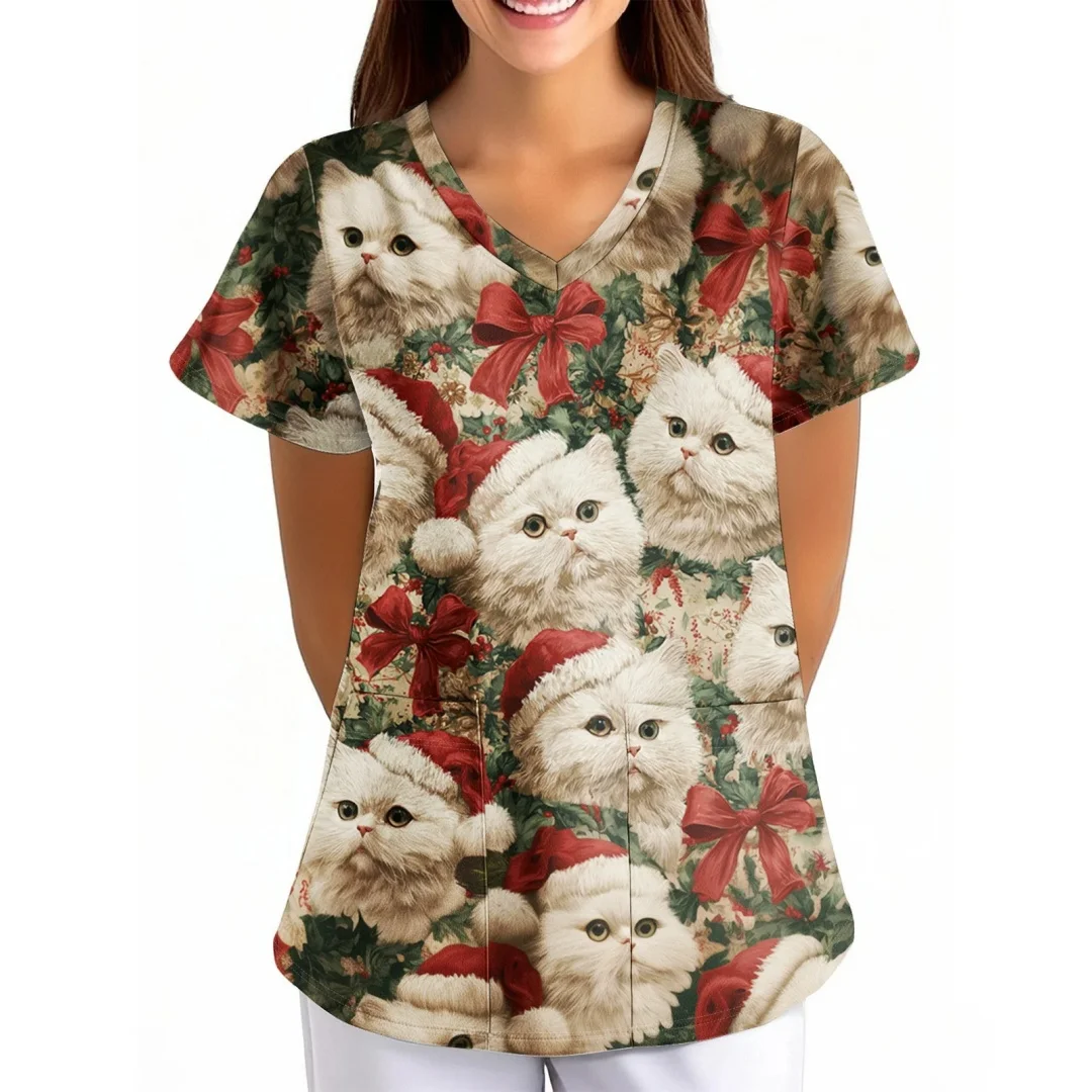 Novo natal feminino uniformes médicos boneco de neve dos desenhos animados impressão dentista esfrega casual manga curta enfermeira uniforme bolsos topos cirúrgicos