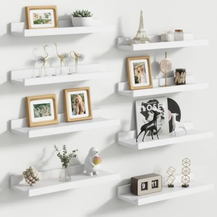 

Набор из 8 плавающих настенных полок-подставок для картин, 16 дюймов, из массива дерева, с бортиком, большие полки для детской комнаты, для хранения игрушек и книг