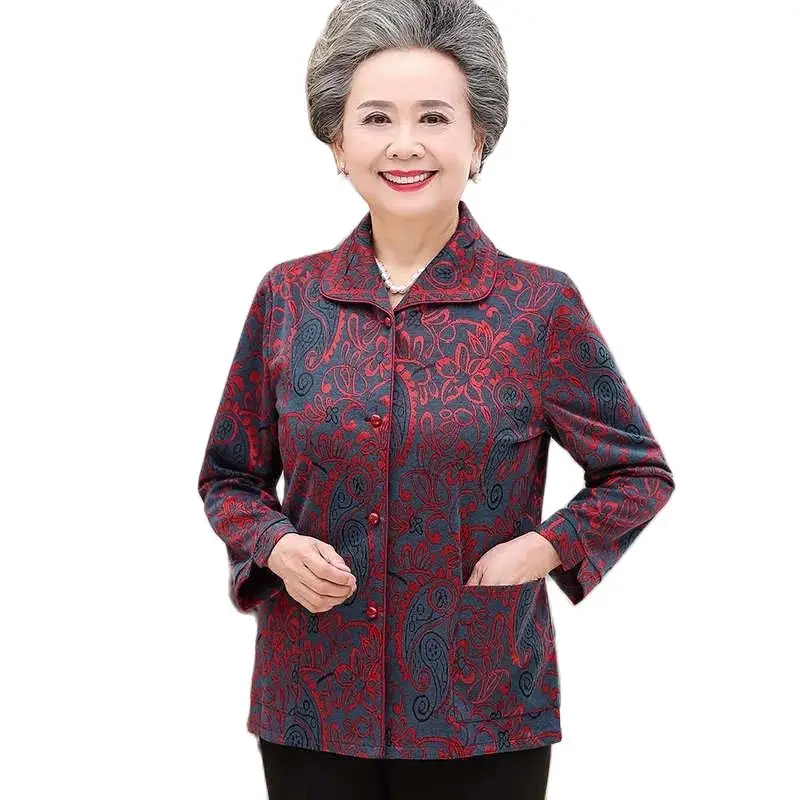 5XL Elderly Women Blouse 2023 Spring Autumn Long Sleeves Print Mother Shirts Casual Cardigan Tops Grandmother Blusa Shirt W564