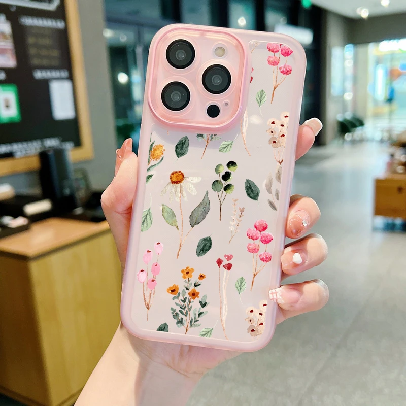 Luxury Flower Print Case For iPhone 15 16 Pro Max 11 12 13 14 Pro Max Lens Protector Shockproof Clear Soft Silicone Cover