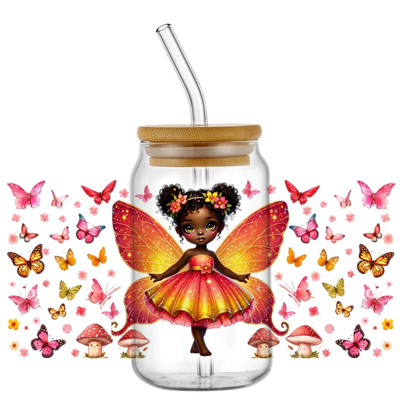 2025 Miniso chica negra patrón de mariposa UV DTF pegatina para 16OZ Libbey vaso de vidrio envoltura pegatina de transferencia etiqueta personalizada logotipo DIY