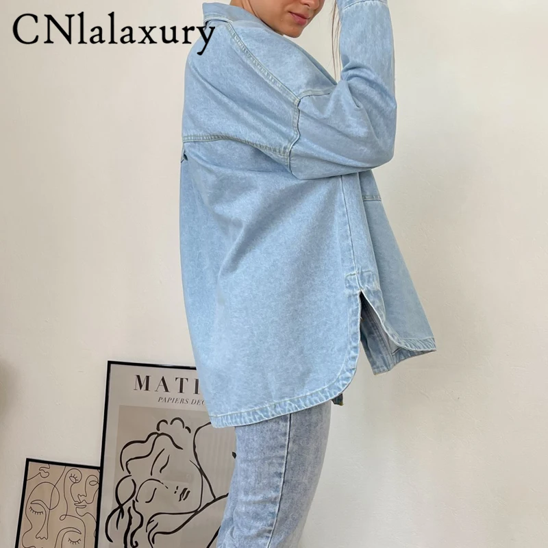 CNlalaxury 2023 Woman Spring Denim Shirt Coat Women Long Sleeve Pocket Cardigan Streetwear Jacket Harajuku Cowboy Outerwear