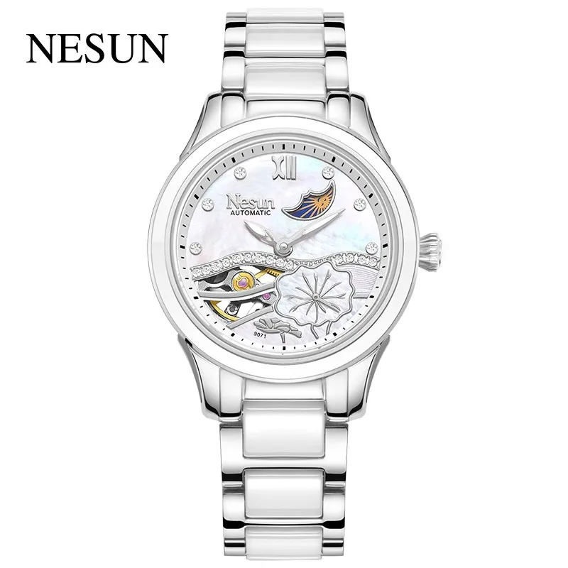 

Nesun For Women Watch Automatic Wristwatch Mechanical Movement Shell Dial Rhinstone Diamond Waterproof Moon Phase Montre Femme