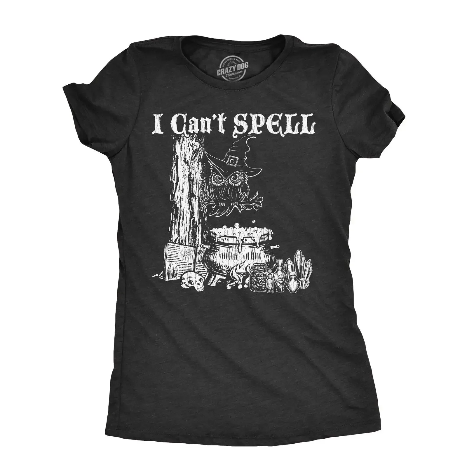 Women's T Shirt I Can't Spell Funny Halloween Witch Owl Spelling Joke for vintage Washed Top For Everyday Wear Breathable Soft