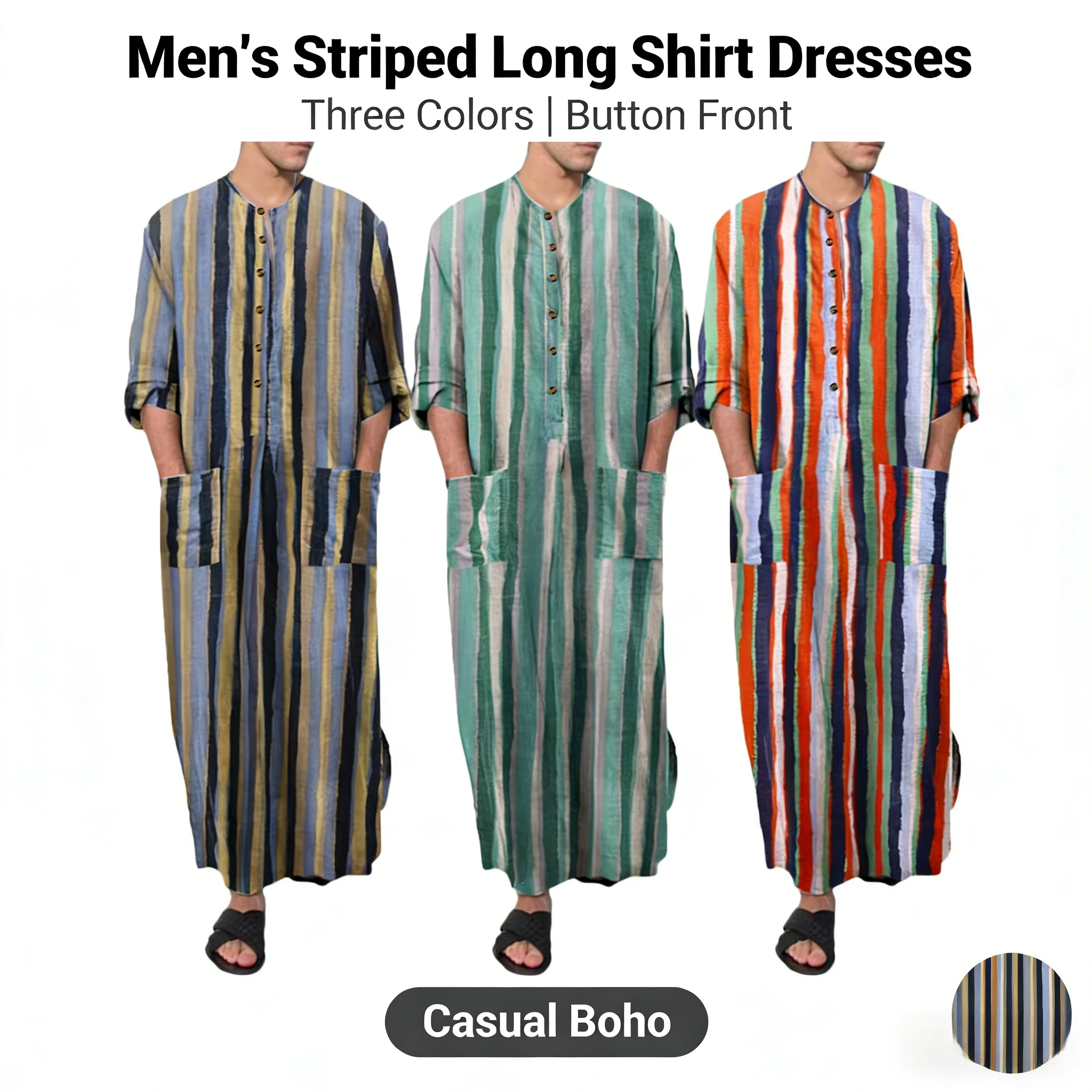 

South East Asia summer loose stand-up collar door tube gradual change striped long-sleeved robe Middle East Muslim robe