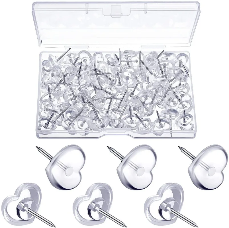 

50pcs Multifunctional Decorative Push Pins INS Clear Plastic Heart Shaped Tacks for Bulletin Board Office Home School Supplies