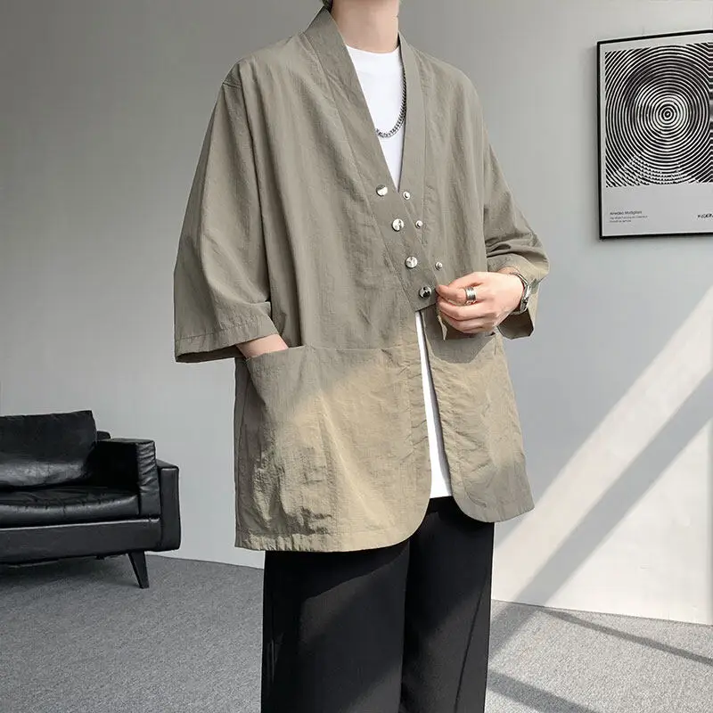 

Men's Solid Color Short Sleeve Kimono Shirt Breathable Summer Casual Wear Loose Fit Asian-Inspired Top Trendy Traditional Fusion