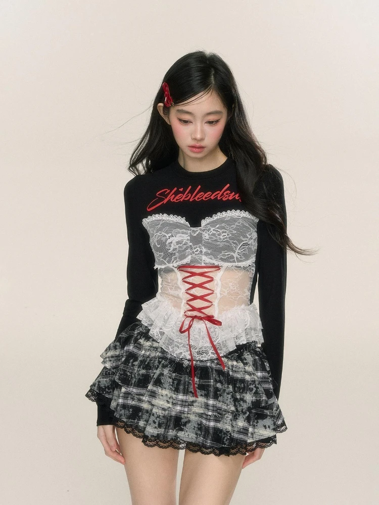 

Американская Ретро Y2k кружевная лоскутная футболка женская футболка с длинным рукавом с принтом футболки в стиле панк готическая уличная блузка облегающий топ