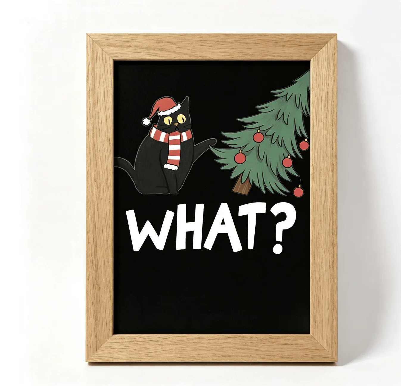 (No frame)Funny What? Black Cat Santa Hat Christmas Tree Wall Art Canvas Prints Posters, Cartoon Kitty, Holiday Home Living R