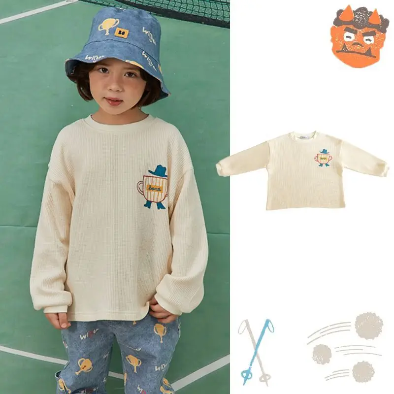 

Jenny&Dave Spot 2023 Autumn New Children's Casual Top with Cartoon Letter Printing Waffle Long Sleeve T-shirt for Children