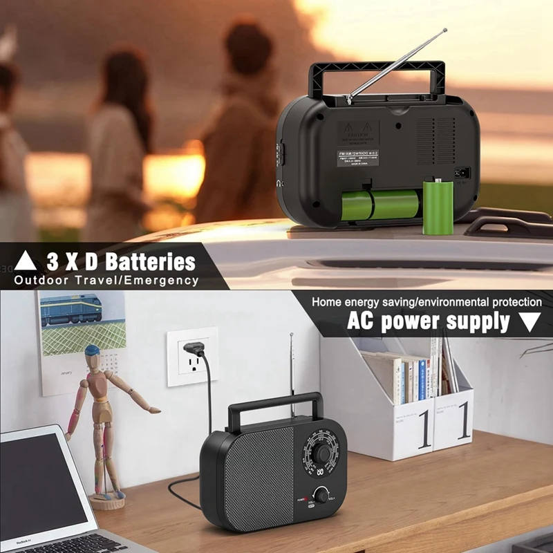 Portable Radio AM FM SW Transistor Radio Battery DC Or AC Power, 5W Big Speaker, Large Tuning Knob Outdoor Pocket Radio