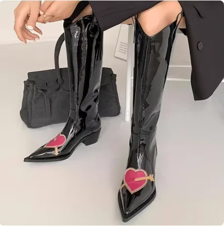 

Patent Leather Pointed Toe Sweet Pink Heart Knee-High Women Knight Boots Chunky Middle Heels Slip On Design Modern Shoes