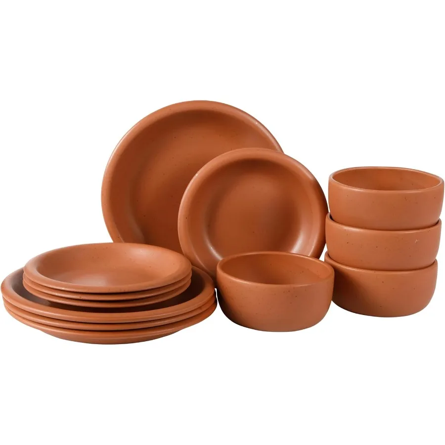 

Corsica Clay 12 Piece Stoneware Rustic Reactive Glaze Dinnerware Set Stackable Plates and Bowls Set. Service for 4 Matte Burnt