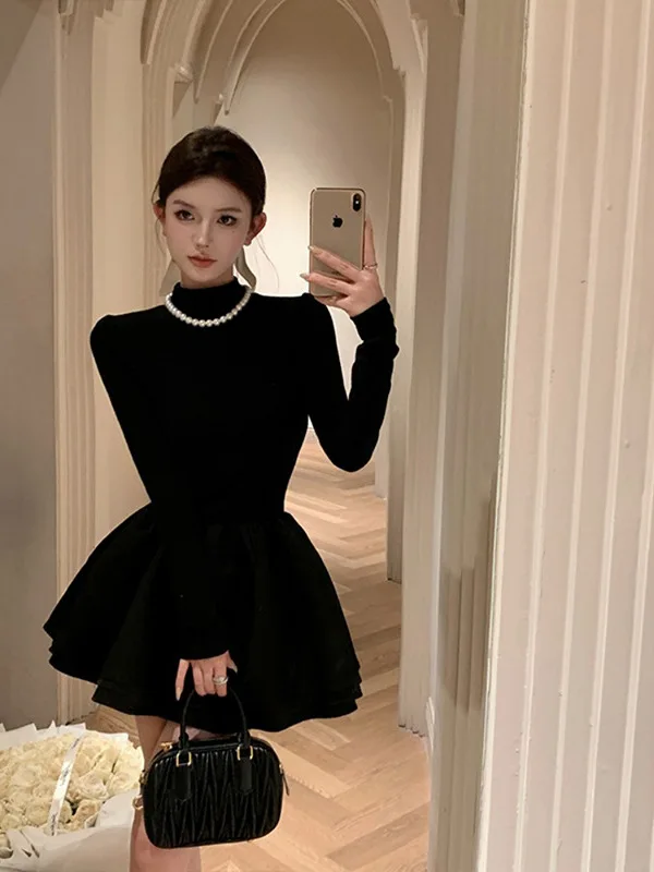 

Black half high necked knitted dress for women's spring collection waist A-line fluffy skirt short dress with bottom EWUP