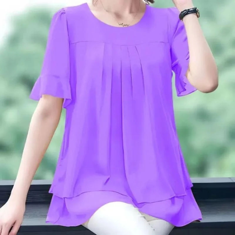 Chiffon Short Sleeve Shirt Tops Summer New Chiffon Loose Solid Color Patchwork Pleated Blouse Vintage Casual Women Clothing