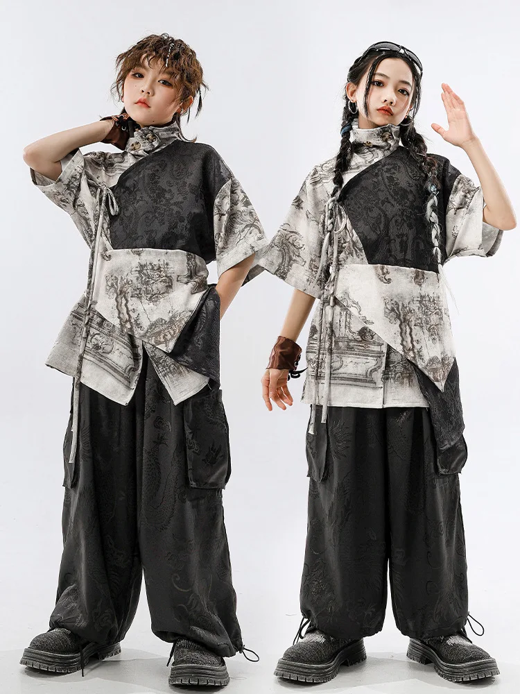 Chinese Shui Ink Style Dancing Set Jazz Dance Costume Hip Hop Outfit Children Stage Streetwear Performance Dance Clothes