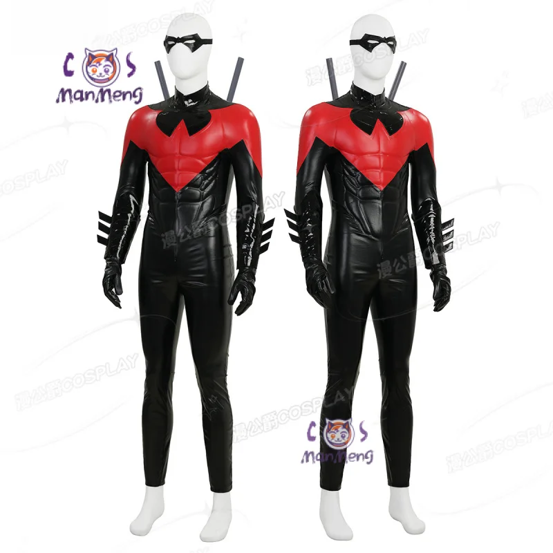 

Красный ночной робин, карнавальный костюм Дик Грейсон, мужской фэнтезийный высококачественный комбинезон, обувь, реквизит, карнавальная боевая форма на Хэллоуин