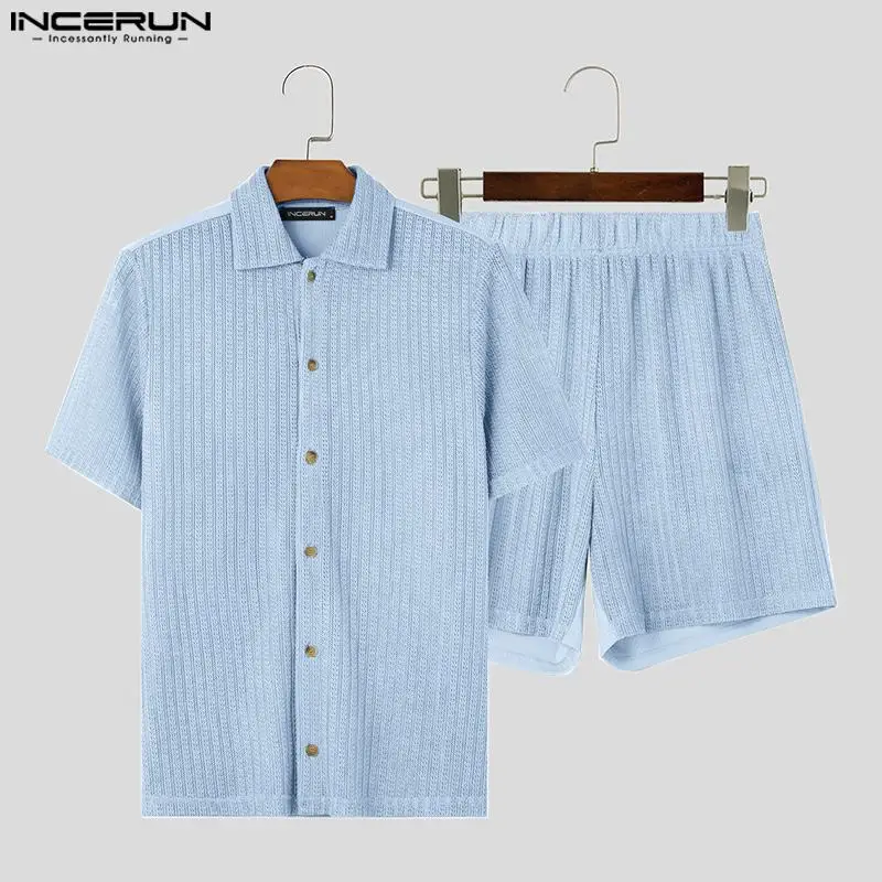 INCERUN Men Sets Patchwork Transparent Lapel Short Sleeve Shirt & Shorts Two Pieces Sets Streetwear Summer 2024 Men Casual Suits