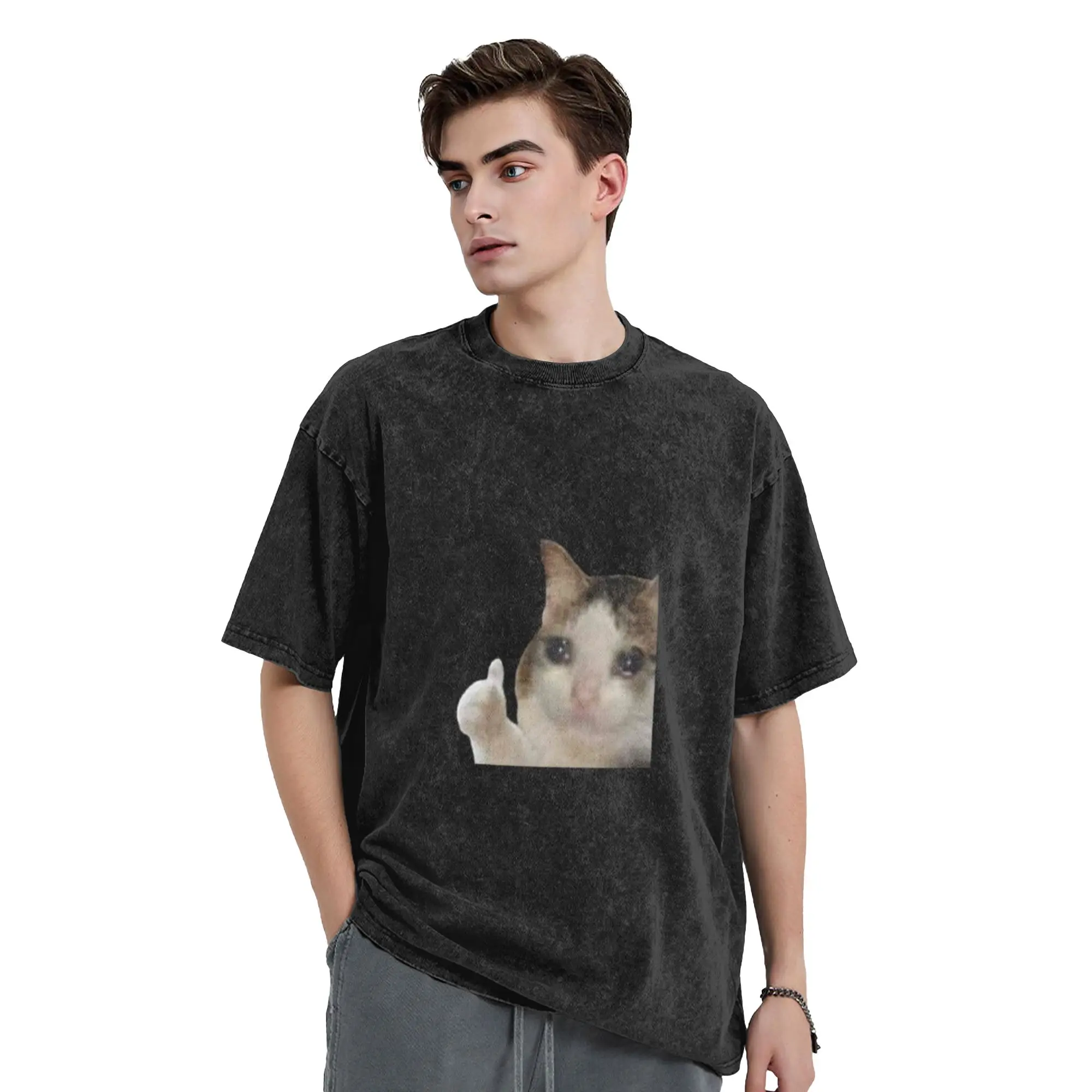 Crying cat thumbs up Unique Stylish A Washed T Shirt Men's Women's Oversized Cotton Tees Tops