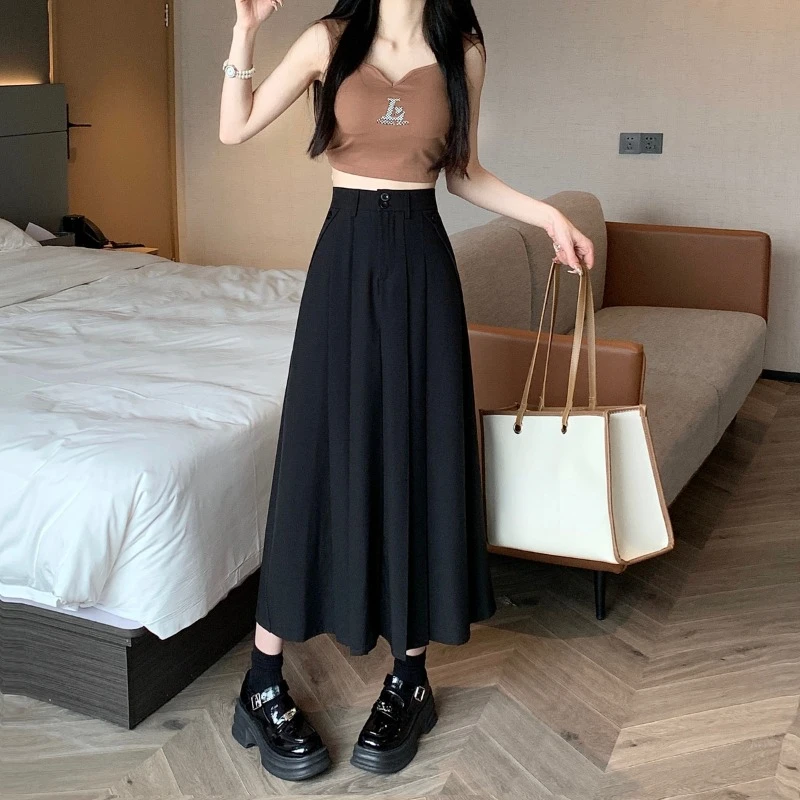 Pleated Skirts Women Solid Sweet High Waist Midi Elegant Fashion Fairycore Autumn New Female All-match Casual Button Design Chic