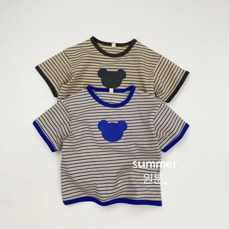 

2025 Summer New Children Striped T Shirts Boys Thin Short Sleeve Casual Tee Kids Cotton Tops Girls Cute Cartoon Bear T Shirt