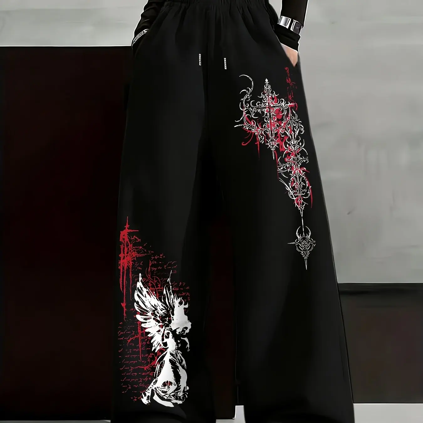 2026 Dark Style Summer Men's Pants, Cotton Black Jogging Pants, Printed Casual Pants, Elastic Waist Drawstring Pants, Adult