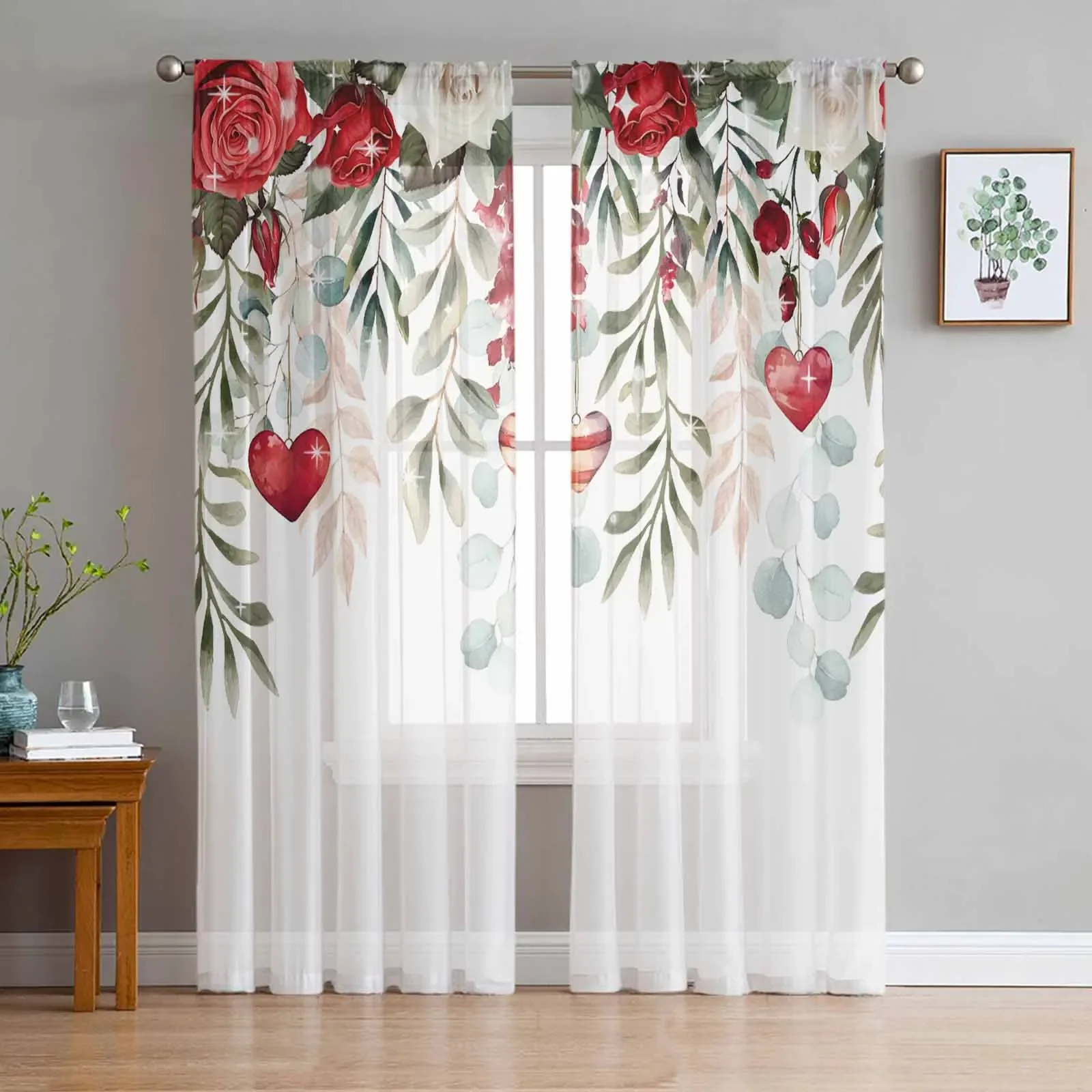 Valentine Roses Flower Hearts Sheer Curtains for Living Room Decoration Window Curtain Kitchen Tulle Voile Organza Drapes