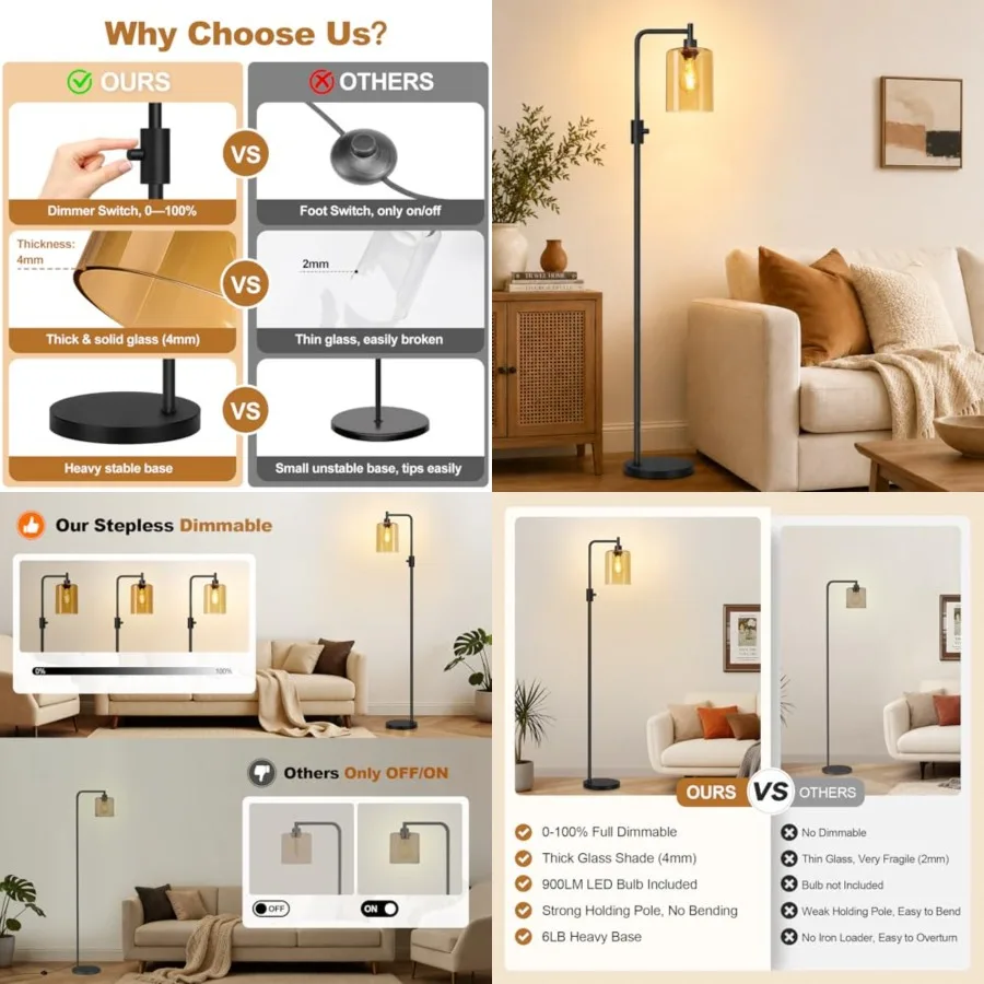 Upgraded Dimmable Floor Lamps for Living Room with Amber Glass Shade, Modern Industrial Floor Lamp with 900LM Bulb Included, Gl
