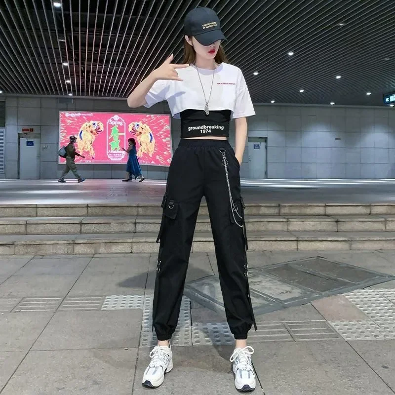 Hip-hop 2 Two Piece Set for Women Casual Cargo Pants Spaghetti Strap Tank Top Personality Dance Set Loose Short-Sleeved Crop Top