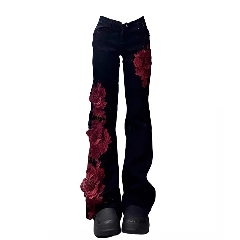 Y2K Black Denim Pants Women Micro Flare Rose Applique Design Flirty Autumn Winter Trousers