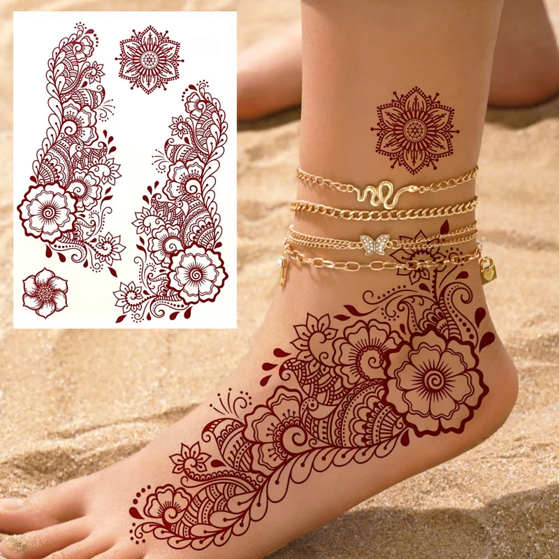 Maroon Henna Tattoo Stickers for Hand and Body Flower Temporary Tattoos for Women FakeTattoo for Wedding Festival