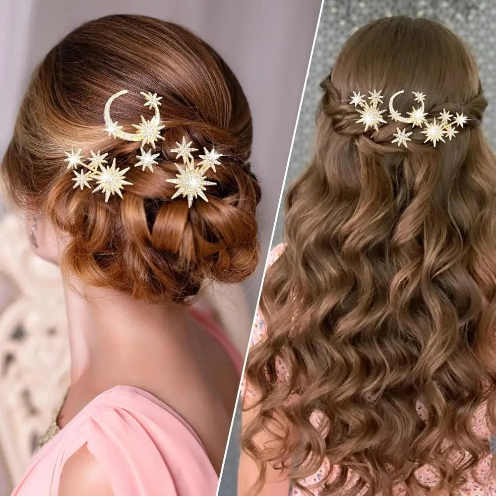 5Pcs/set Gift Snowflake Retro Hairpins Rhinestone Star Moon Bridal Headpiece Handmade Hair Jewelry for Women